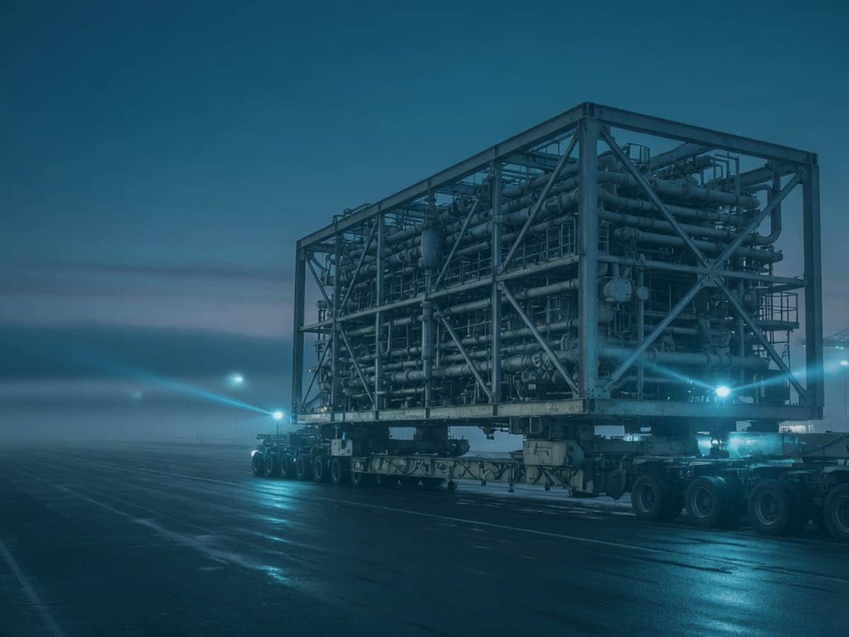 Heavy industrial module carried on a multi-axle hydraulic trailer along a port causeway.