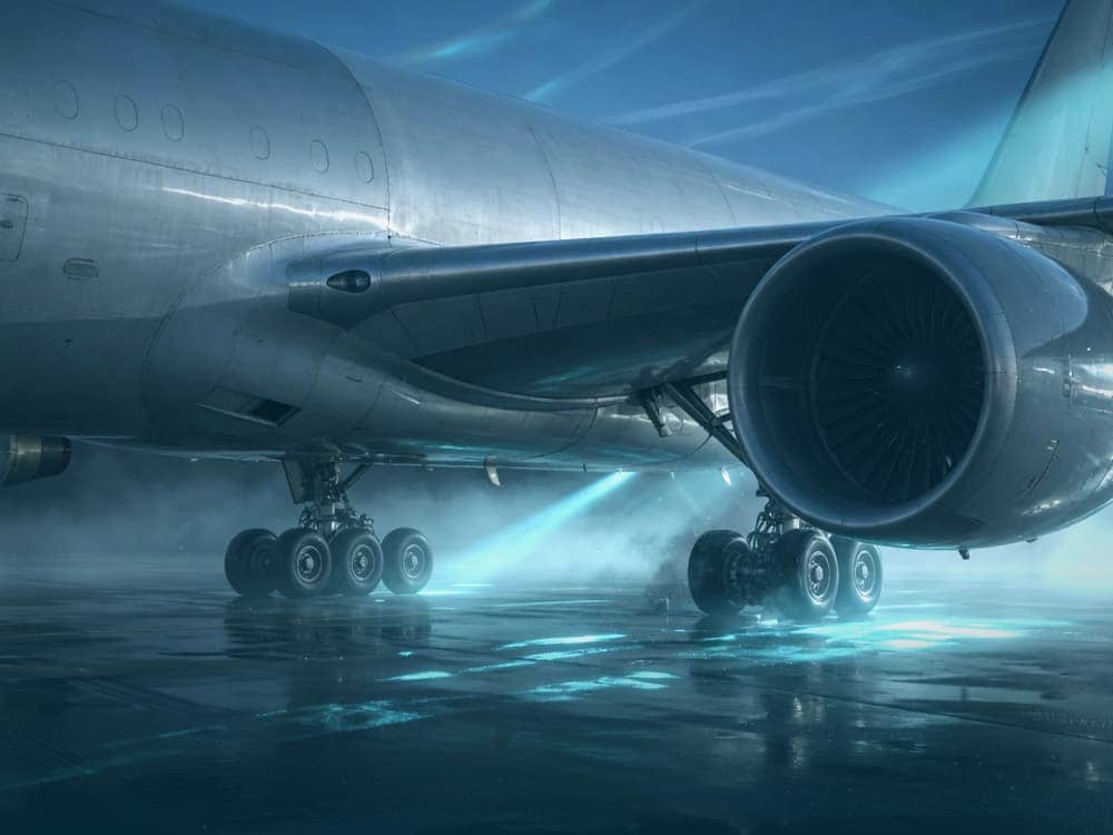 Wide-body freighter aircraft parked on an airport apron at night, seen from the landing gear.