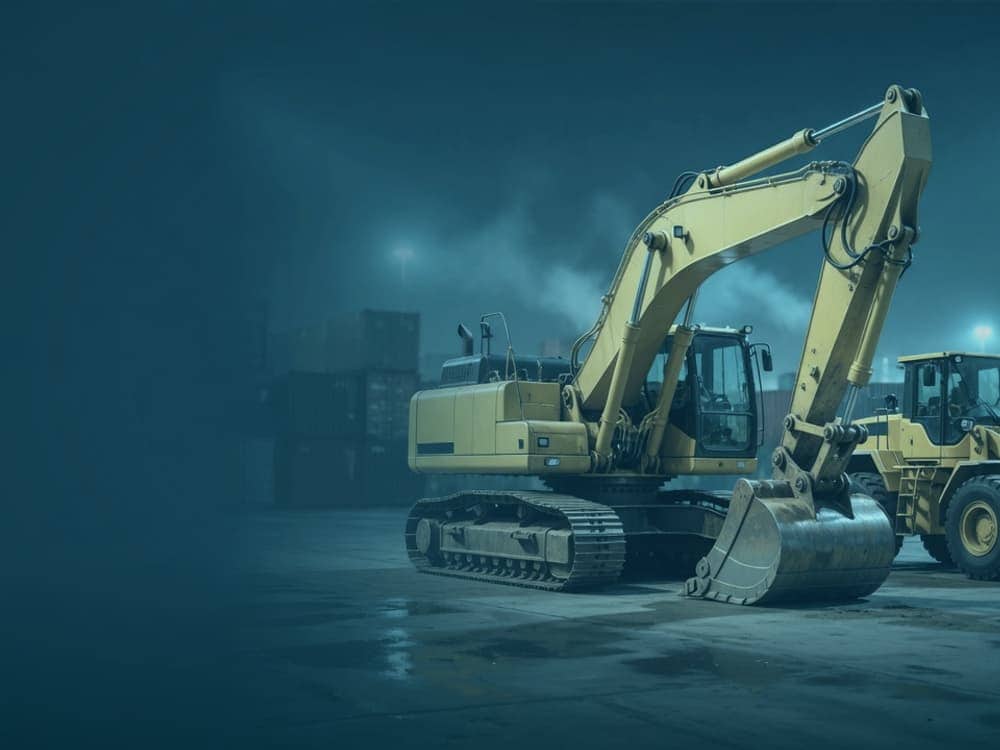 Hydraulic excavator and wheel loader in a night-time port yard, ready for lashing and shipment.